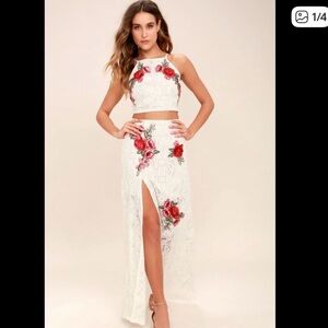 White Lace Two-Piece Dress with Red Floral Embroidery